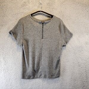 Paraphrase Shirt Womens Large Gray Short Sleeve Beaded Collar Zip Front Top‎